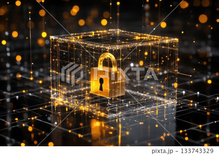 A golden lock is on a cube with a black background. Concept of security and protection A golden lock is on a cube with a black background. Concept of security and protection 133743329
