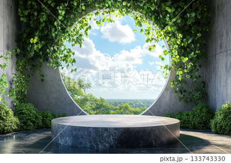 A large round stone platform with a view of trees and a cloudy sky A large round stone platform with a view of trees and a cloudy sky 133743330