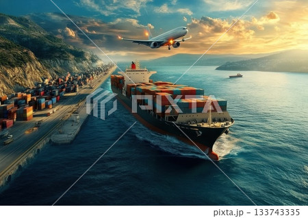 Cargo Ship Navigating Ocean Path with Trucks Alongside Shoreline 133743335