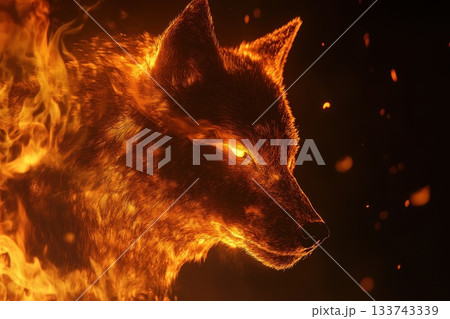 A close up of a wolf's face with fire surrounding it 133743339