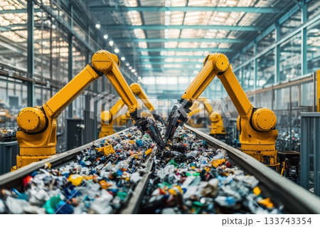 Two robots are working together to pick up trash Two robots are working together to pick up trash 133743354