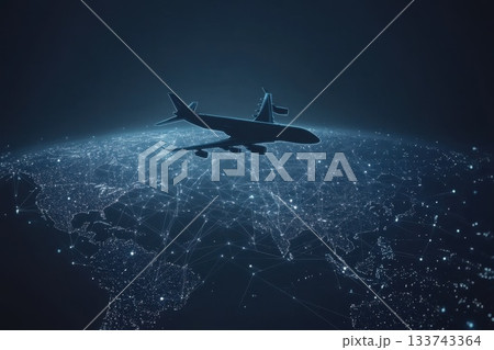 A jet plane is flying through the night sky above a map of the world. Concept of adventure and exploration A jet plane is flying through the night sky above a map of the world. Concept of adventure and exploration 133743364