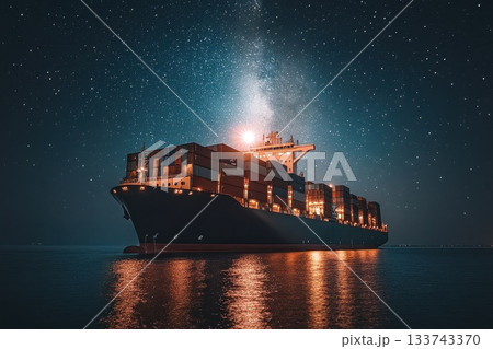 Nighttime View of Container Ship Under Bright Starry Sky 133743370