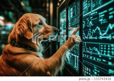 Golden Retriever Analyzing Data on a Digital Screen in Modern Setting Golden Retriever Analyzing Data on a Digital Screen in Modern Setting 133743416