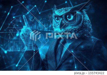 Wise Owl in Suit Analyzing Data with Digital Elements and Graphics 133743422