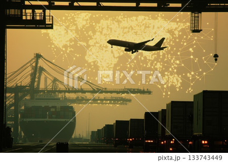 Airplane Taking Off Above Docked Cargo Ship at Sunset 133743449