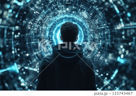 Cyberpunk Scene of Hacker Facing Impenetrable Security Visuals Cyberpunk Scene of Hacker Facing Impenetrable Security Visuals 133743467