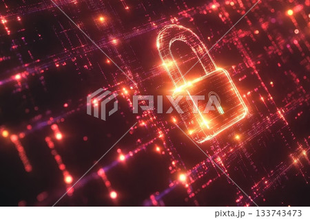 Glowing Digital Padlock Floating in Blockchain Network Background 133743473
