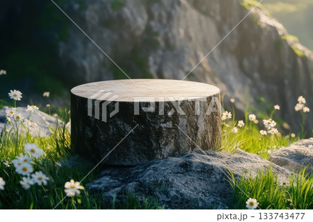 Photorealistic Outdoor Scene with Sturdy Product on Rocky Terrain 133743477