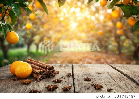 Rustic Wooden Table with Cinnamon Sticks and Oranges in Background Rustic Wooden Table with Cinnamon Sticks and Oranges in Background 133743487
