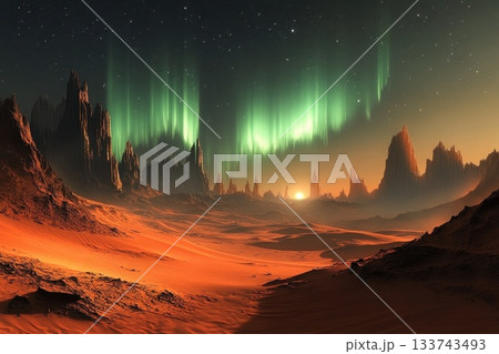 Hostile Yet Beautiful Alien Terrain Under Stunning Aurora Lights 133743493
