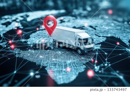 A white truck is parked on a map of the world with a red dot on it A white truck is parked on a map of the world with a red dot on it 133743497