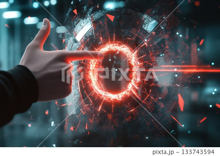 Futuristic Hand Pointing at Digital Red Sphere with Light Effects Futuristic Hand Pointing at Digital Red Sphere with Light Effects 133743594