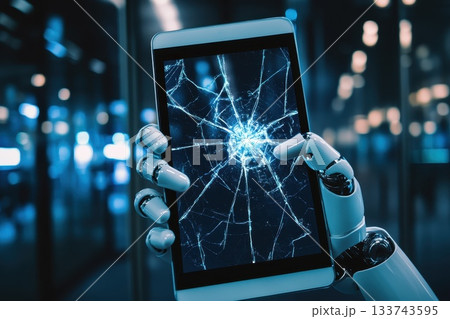 Robotic Hand Holding Tablet with Cracked Screen in Modern Setting 133743595