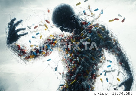 Abstract Representation of Human Struggle with Addiction and Pills Abstract Representation of Human Struggle with Addiction and Pills 133743599