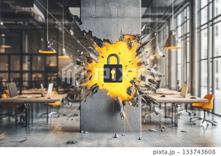 Exploding Wall with Digital Lock Symbol in Modern Office Space Exploding Wall with Digital Lock Symbol in Modern Office Space 133743608
