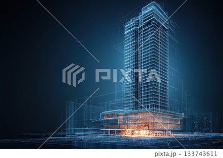 Futuristic Building Blueprint Design with Neon Wireframe Effect Futuristic Building Blueprint Design with Neon Wireframe Effect 133743611