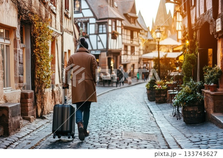 Man Walking with Suitcase in Charming European Village Street 133743627