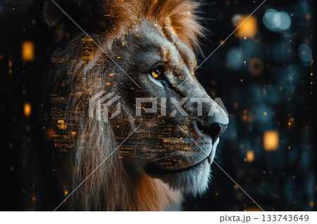 Majestic Lion Overlaid with Digital Patterns and Technology Elements Majestic Lion Overlaid with Digital Patterns and Technology Elements 133743649