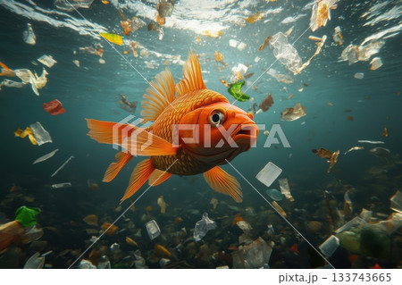 Underwater Scene of Fish Swimming Among Marine Plastic Debris Underwater Scene of Fish Swimming Among Marine Plastic Debris 133743665