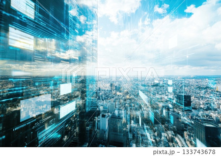 Futuristic Digital Cityscape with Bright Skies and Business Vibes Futuristic Digital Cityscape with Bright Skies and Business Vibes 133743678