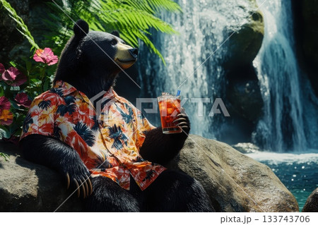 Grizzly Bear Wearing Hawaiian Shirt Relaxing by Waterfall Scene 133743706