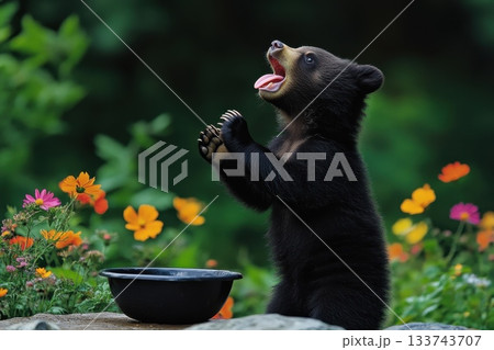 Young Bear Cub Standing Upright with Open Mouth Among Flowers Young Bear Cub Standing Upright with Open Mouth Among Flowers 133743707
