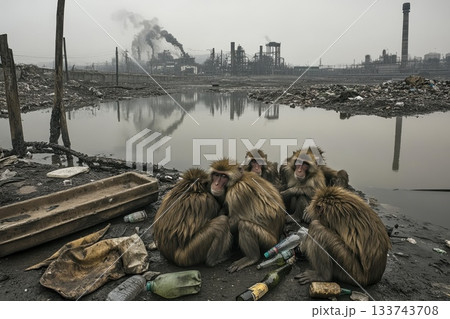 Group of Monkeys Huddles Around Polluted Water in Urban Landscape Group of Monkeys Huddles Around Polluted Water in Urban Landscape 133743708