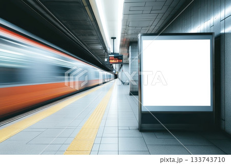 Blank Advertising Board on Subway Platform with Motion Blur Train Blank Advertising Board on Subway Platform with Motion Blur Train 133743710