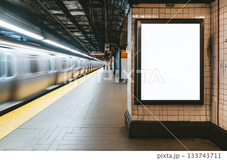 Blank Advertising Board on Subway Platform with Moving Train Blank Advertising Board on Subway Platform with Moving Train 133743711