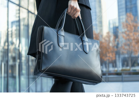 A woman is holding a black leather purse with a black strap 133743725