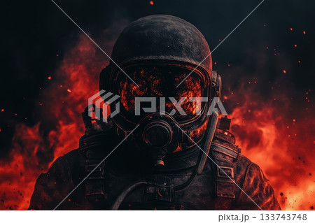 A man in a space suit is surrounded by fire A man in a space suit is surrounded by fire 133743748