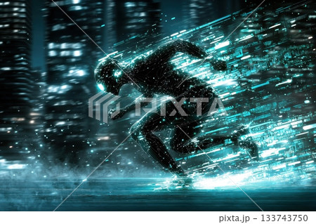 A man is running in a city with a bright blue background 133743750