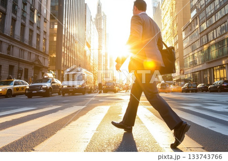 A man walks across a busy city street, carrying a briefcase A man walks across a busy city street, carrying a briefcase 133743766