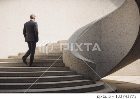 A man in a suit walks up a set of stairs A man in a suit walks up a set of stairs 133743775