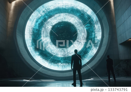 Silhouetted Figures in Front of a Futuristic Circular Portal 133743791