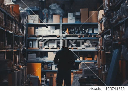 Worker Standing in Front of Organized Metal Shelves in Warehouse 133743853