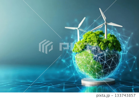 Futuristic Globe with Vibrant Neon Energy Currents and Turbines 133743857