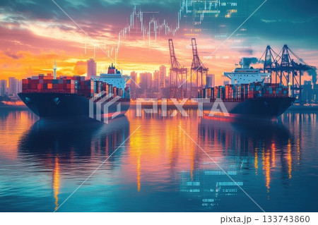 Surreal Blend of Cargo Ships and Stock Market Graphs at Sunset Surreal Blend of Cargo Ships and Stock Market Graphs at Sunset 133743860