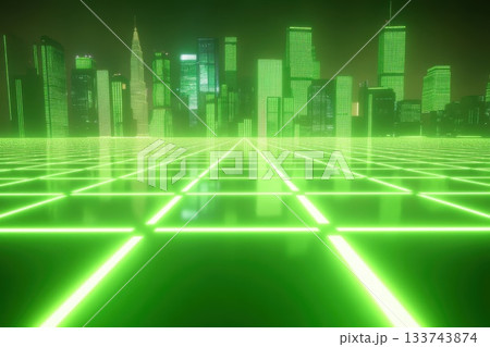 Green Energy Grid Overlay in Futuristic Cityscape with Glowing Lights 133743874