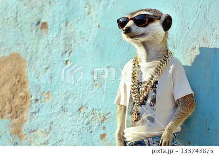 Stylish Meerkat in Sunglasses and T-Shirt Against Blue Wall Stylish Meerkat in Sunglasses and T-Shirt Against Blue Wall 133743875