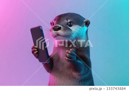 Fuzzy Baby Otter Holding Smartphone in Colorful Lighting 133743884