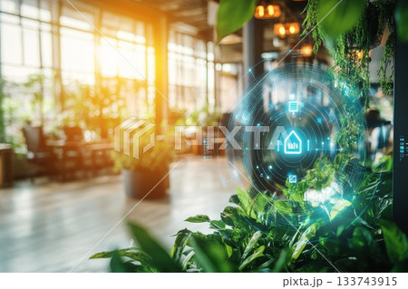 High-Tech Office Space with AI Interface and Lush Greenery 133743915