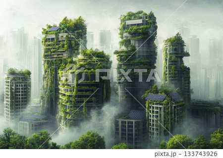 Futuristic Eco-Friendly Cityscape with Lush Vertical Gardens Futuristic Eco-Friendly Cityscape with Lush Vertical Gardens 133743926