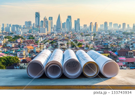 A stack of blueprints is on a ledge in front of a city skyline 133743934
