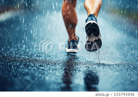 A person running in the rain with their feet splashing water 133743936