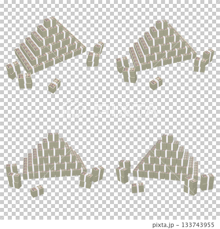 経済のイラスト素材　札束の山　新札　リアル風一万円　十億円 　山積み　（1）　カット四点セット（2） 133743955