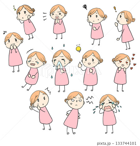ゆるくて可愛い女性のミニキャライラスト。表情色々セット。カラー ゆるくて可愛い女性のミニキャライラスト。表情色々セット。カラー 133744101