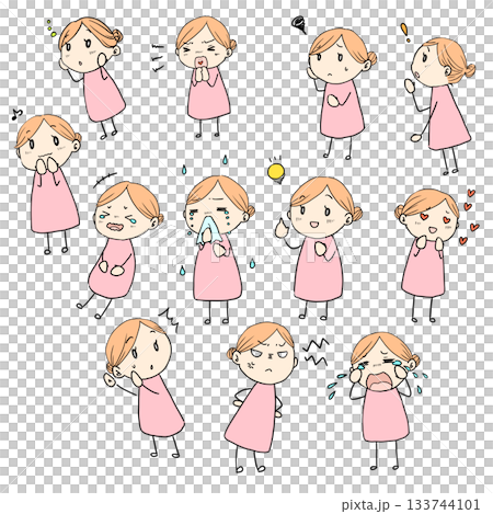 Loose and cute female mini character illustration. Various facial expressions set. Color 133744101