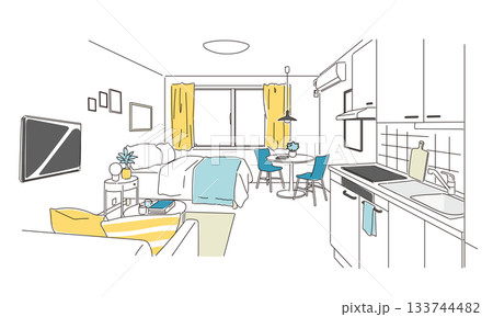 おしゃれな一人暮らしのワンルームの室内イラスト素材 133744482